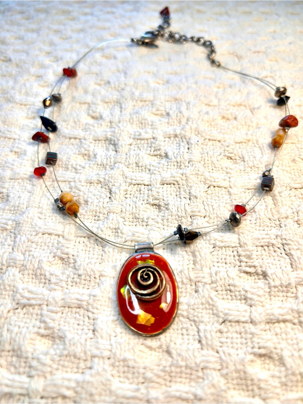 Handcrafted Red Enamel Spiral Pendant Necklace - Women Jewelry